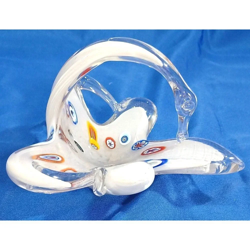 8" Murano Italy 🦢  Millefiori Art Glass Swan Sculpture Basket Dish Rainb - Picture 3 of 8